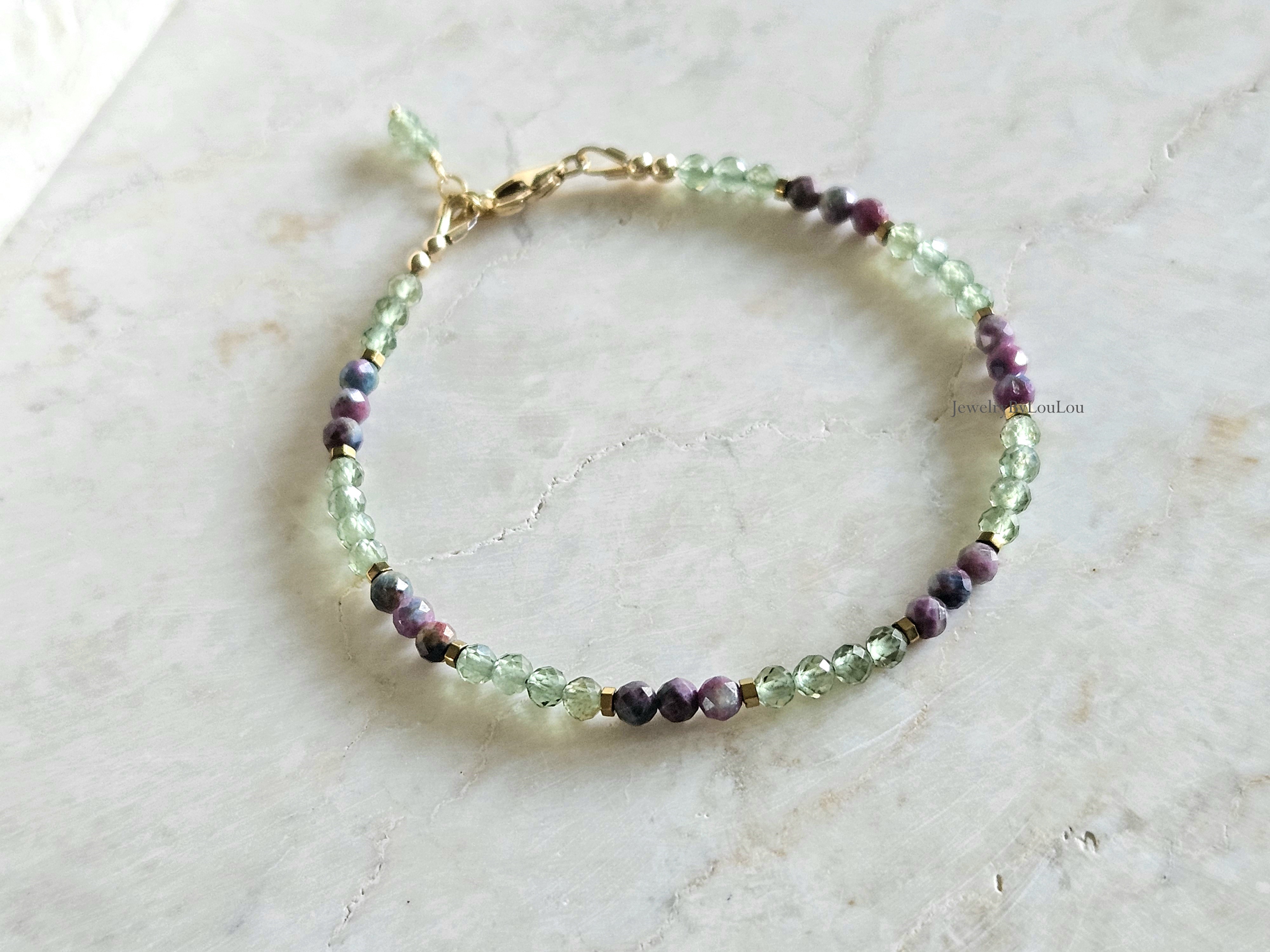 Apatiet en Robijn-Kyaniet Fuchsiet edelstenen kralen armband  14k goldfilled - 925 sterling zilver