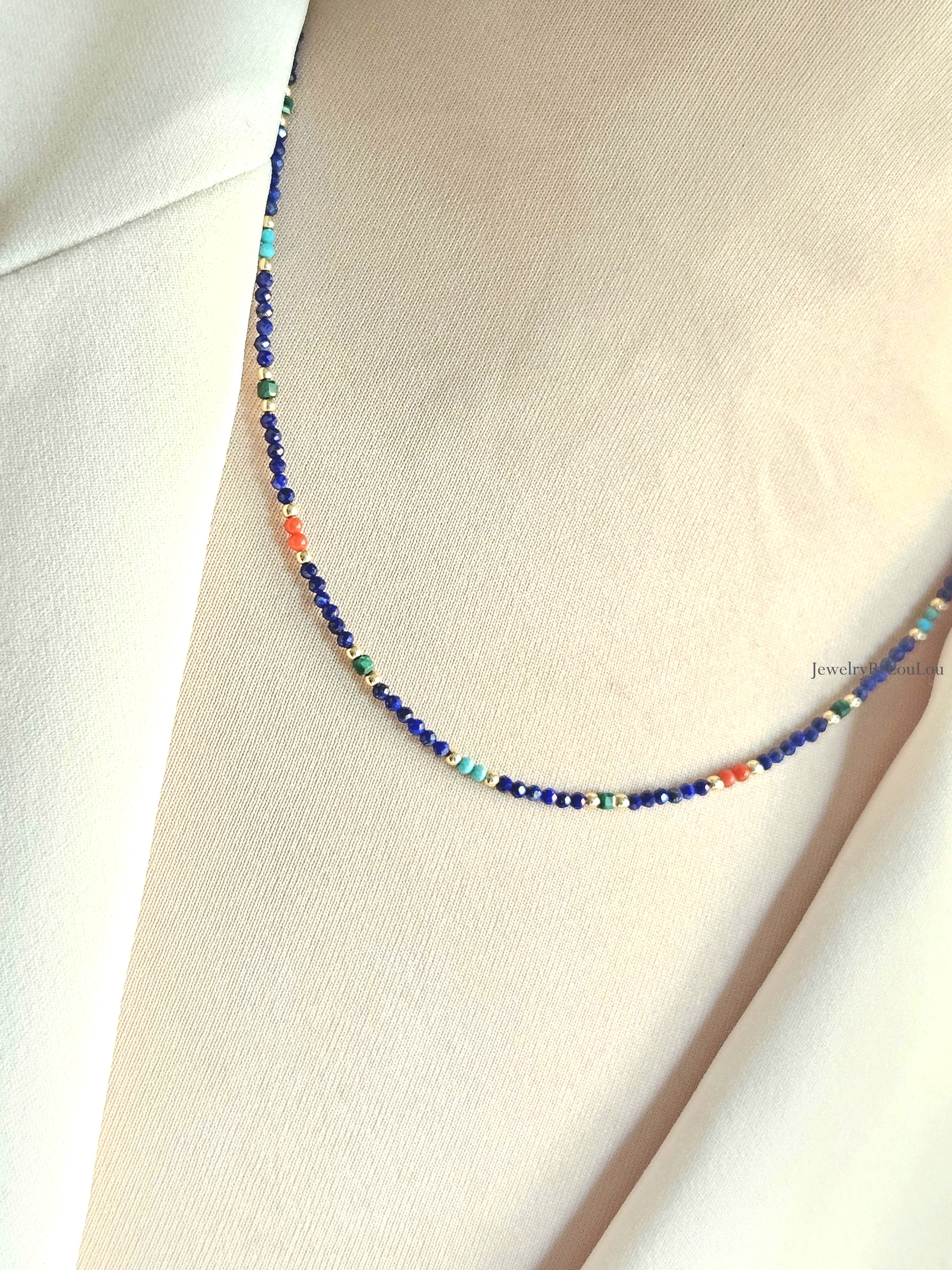 Lapis Lazuli, Koraal, Turkoois en Malachiet ketting, 14k goldfilled - 925 sterling zilver