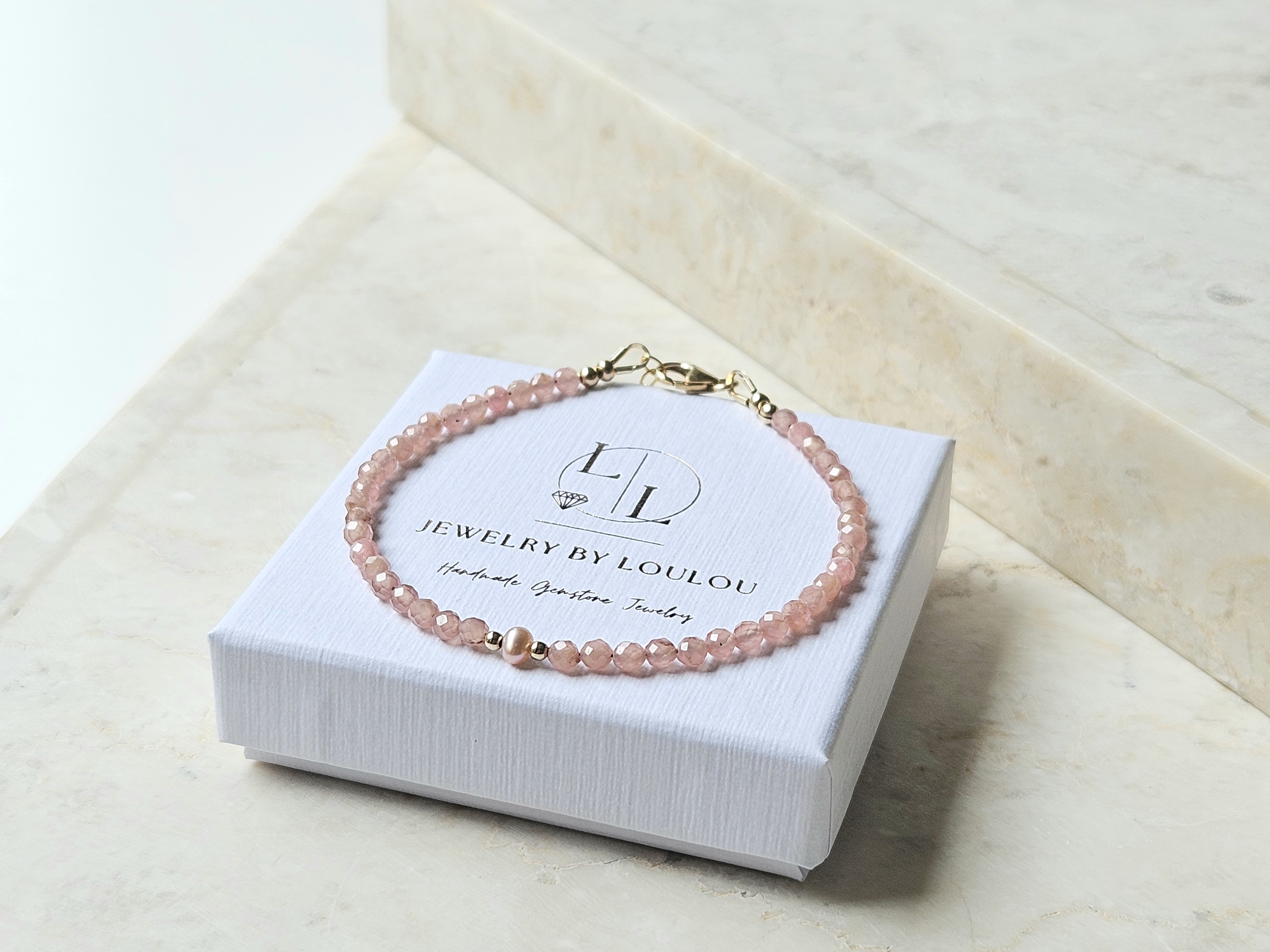 Rhodochrosiet en zoetwaterparel kralen armband, 14k goldfilled & 925 sterling zilver