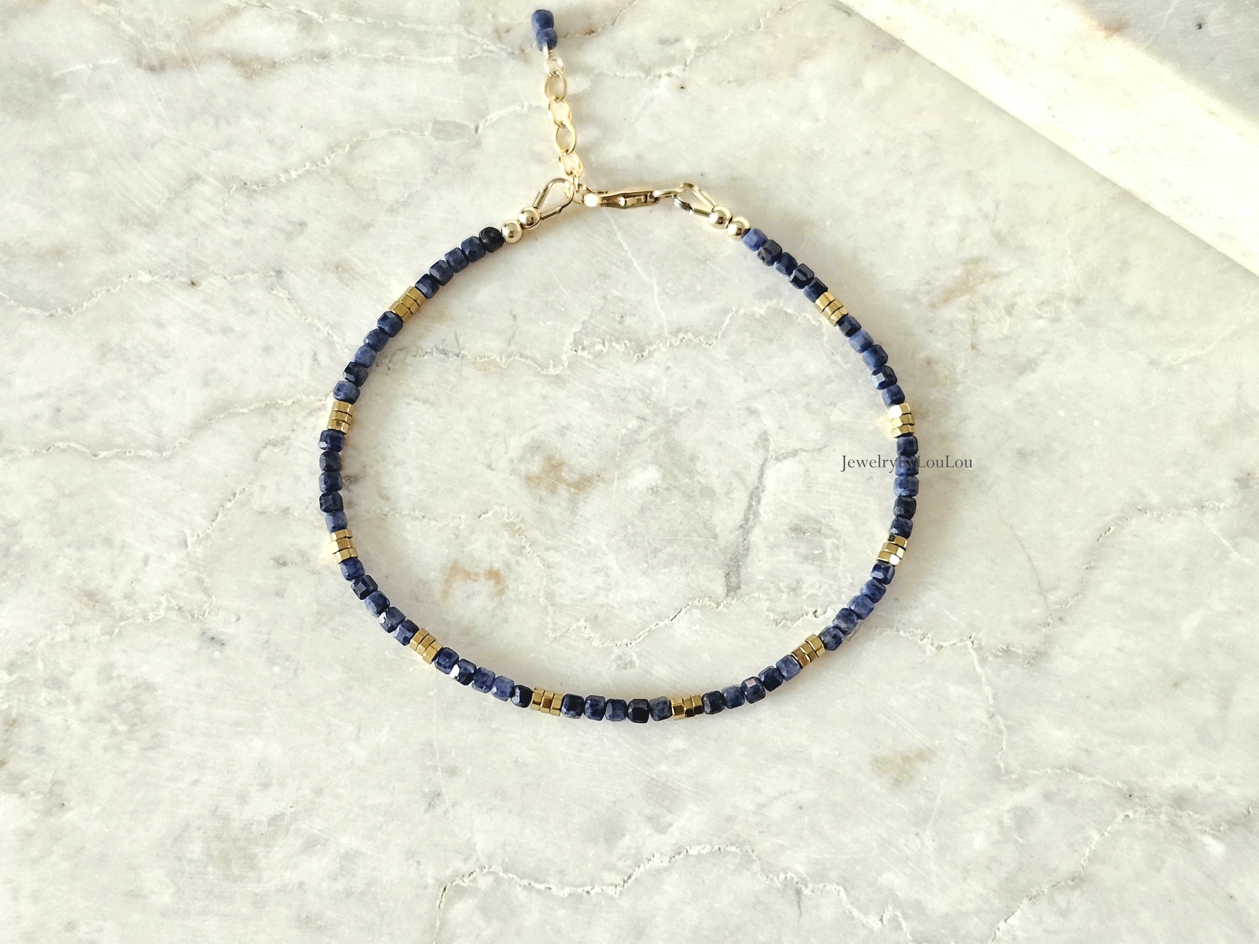 Blauwe saffier kralen armband, leverbaar 14k goldfilled - 925 sterling zilver
