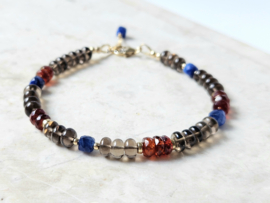 Rookkwarts, Kyaniet en  Granaat kralen armband, 14k goldfilled & 925 sterling zilver