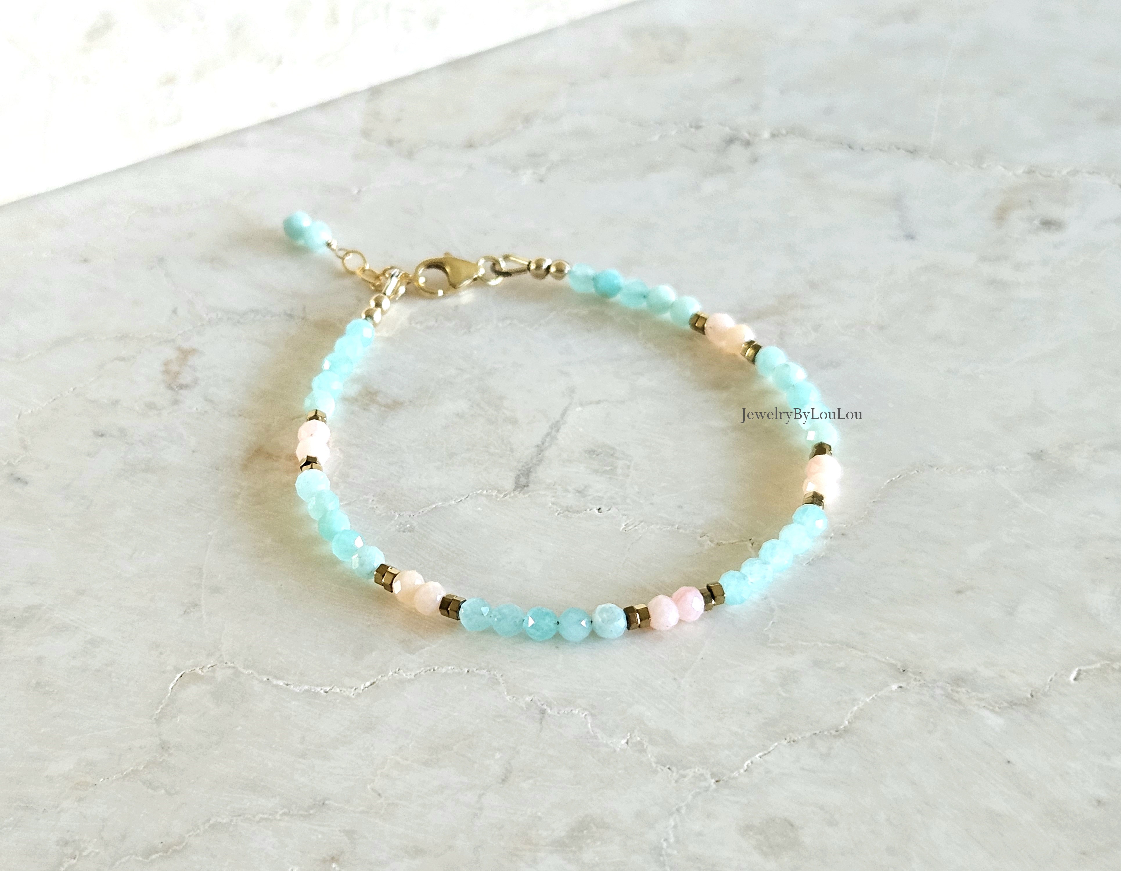 Amazoniet  en roze Opaal kralen armband, 14k goldfilled - 925 sterling zilver
