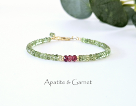 Groene Apatiet & Rhodoliet Granaat edelstenen kralen armband, leverbaar 14k goldfilled - 925 sterling zilver