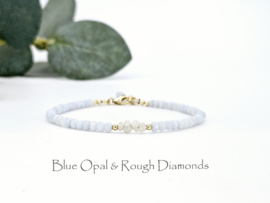 Blauwe Opaal en witte ruwe Diamant edelstenen kralen armband, leverbaar 14k goldfilled - 925 sterling zilver