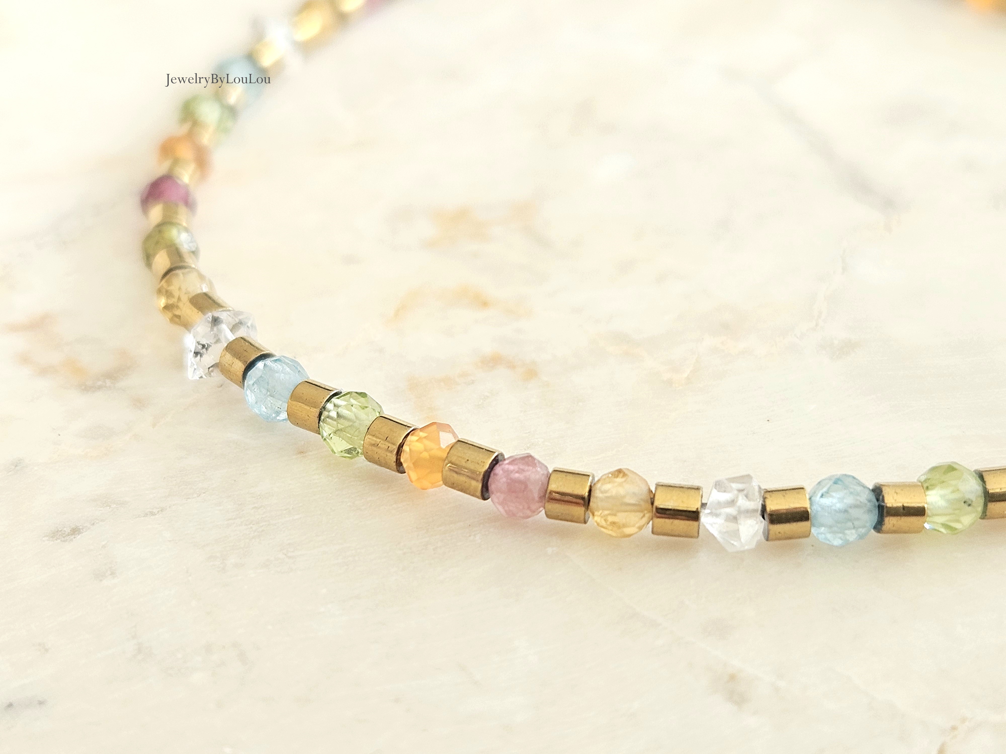 Armband Hematiet en gekleurde edelstenen kralen, 14k goldfilled - 925 sterling zilver