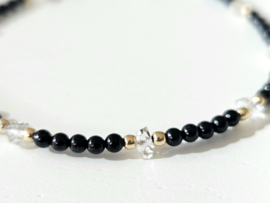 Zwarte Onyx en herkimer diamanten kralen armband, 14k goldfilled - 925 sterling zilver