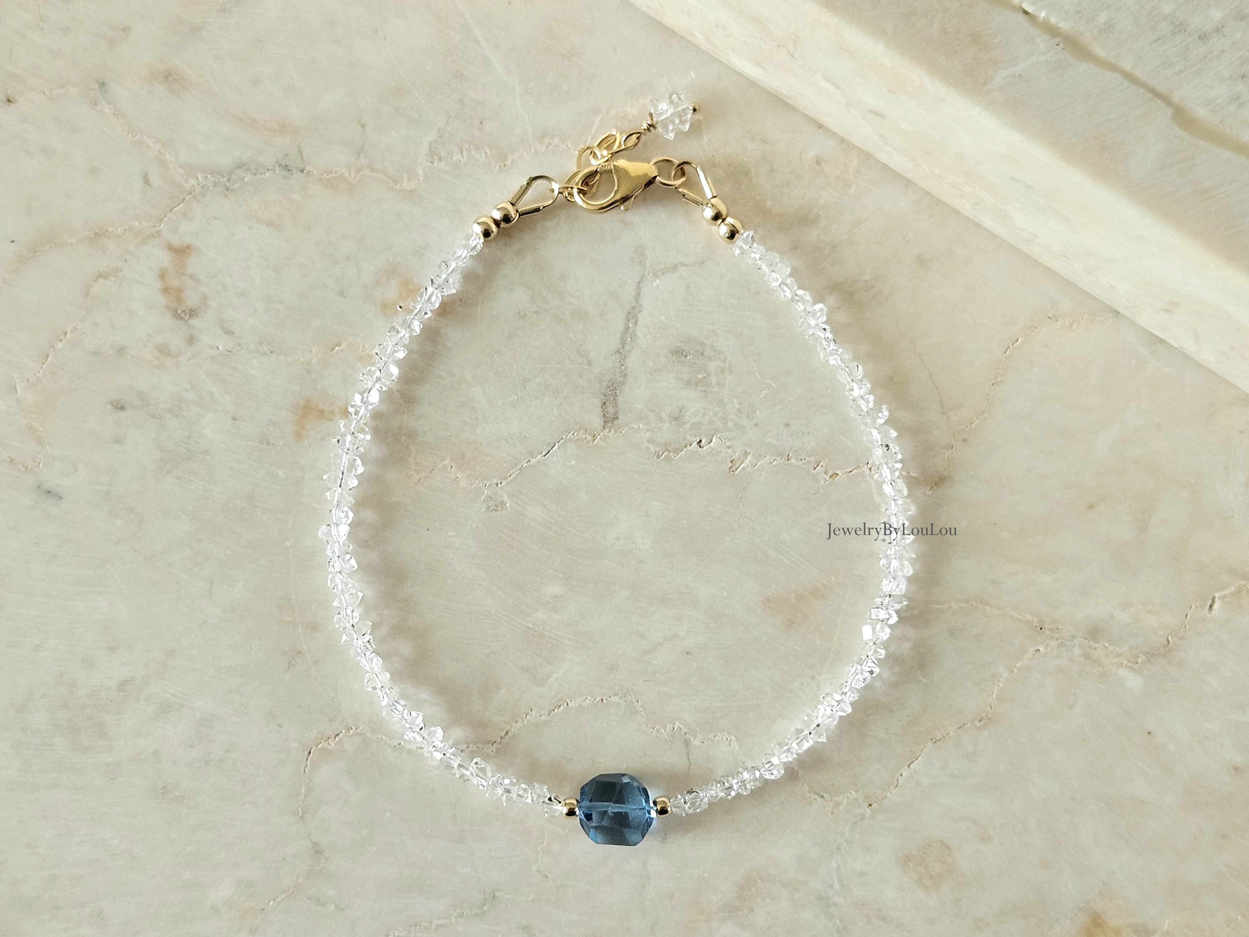 Herkimer diamanten en London Blue Topaas  kralen armband, leverbaar 14k goldfilled - 925 sterling zilver
