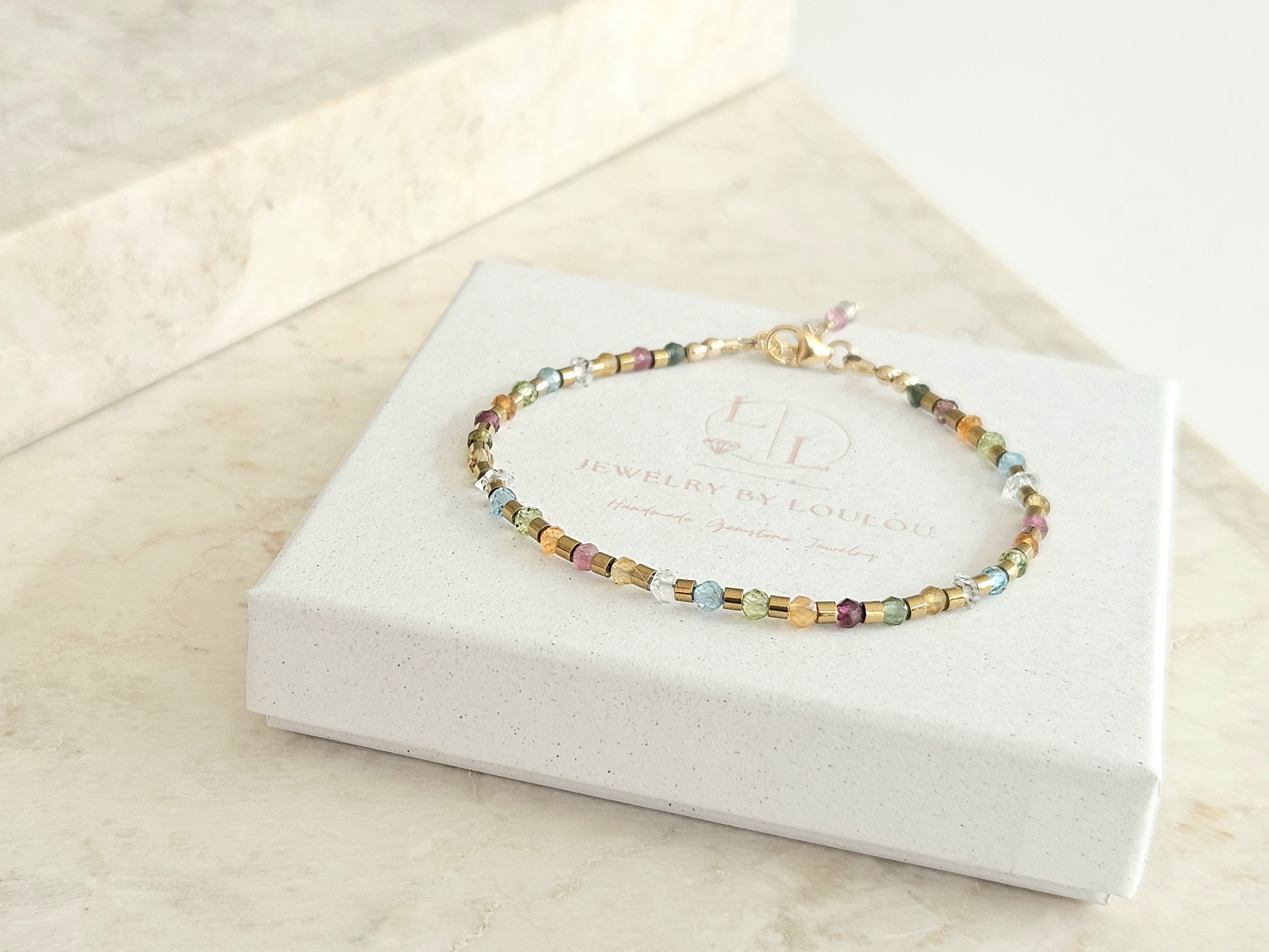 Armband Hematiet en gekleurde edelstenen kralen, 14k goldfilled - 925 sterling zilver