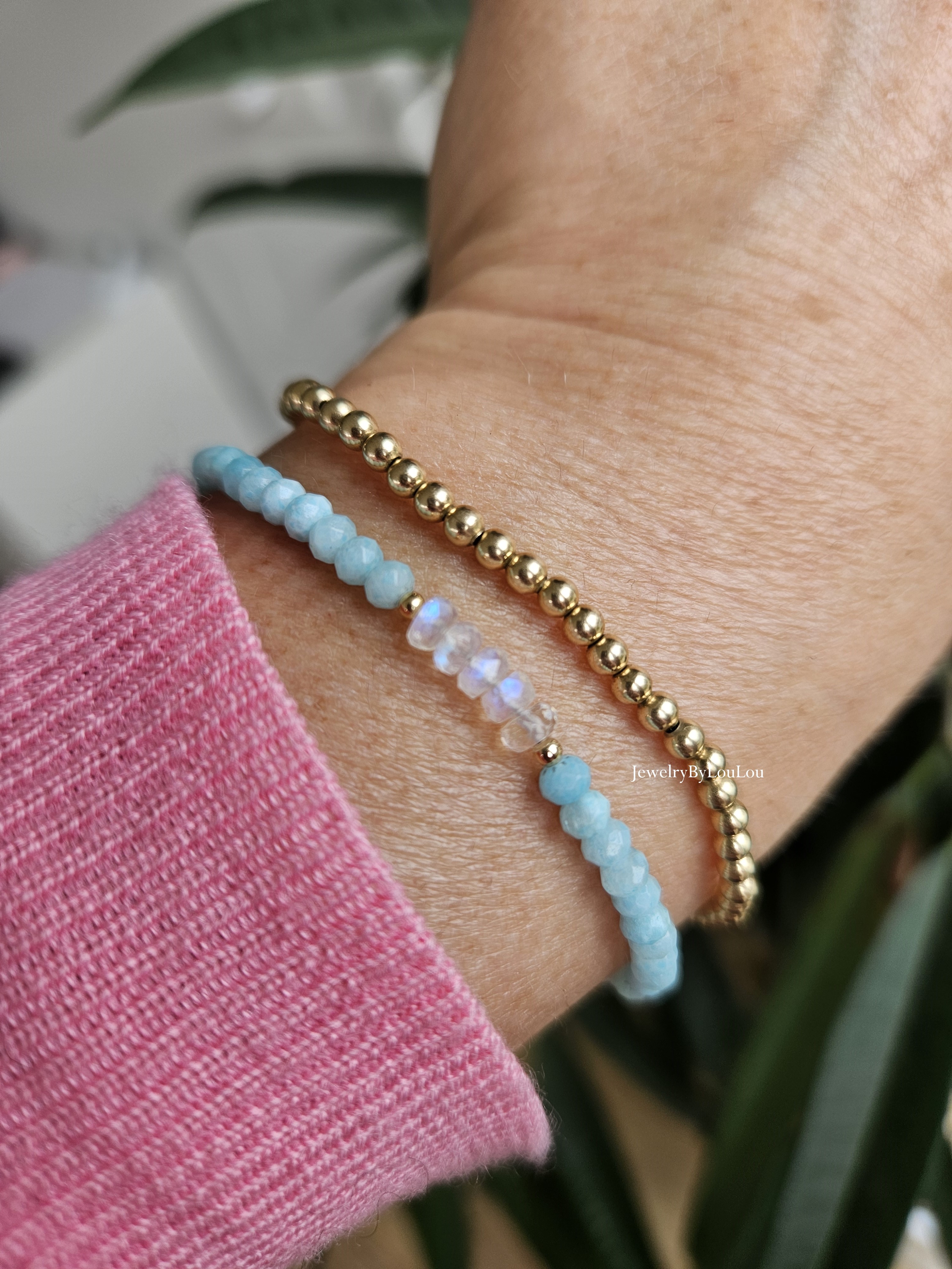 Larimar  en Maansteen kralen armband, 14k goldfilled & 925 sterling zilver