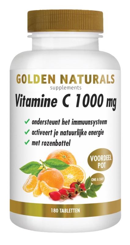 Vitamine C (Golden Naturals), 1000mg, met rozenbotel, 180 tabs.