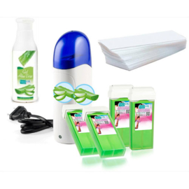 Harsset compleet: Enkele verwarmer, 4 x  Aloe Vera patroon, 1 x Harsstrips, 1x Aloe Vera afterwax gel