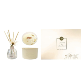 Cadeaubox (150ml geurstokjes met zijden bloem &250g geurkaar