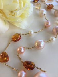 parelketting met cognac amber en citrien