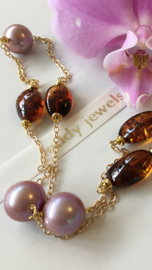 paarse Edison parelketting met cherry bruine amber