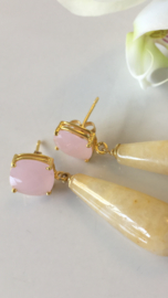 oorbellen roze chalcedoon gele jade