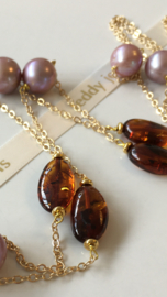 paarse Edison parelketting met cherry bruine amber
