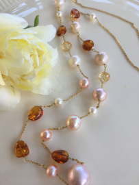 parelketting met cognac amber en citrien