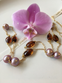 paarse Edison parelketting met cherry bruine amber