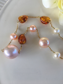 parelketting met cognac amber en citrien