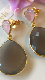 grijze en roze chalcedoon dangle oorbellen