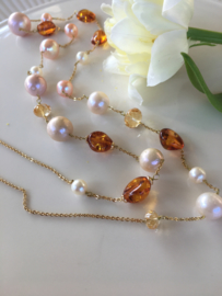 parelketting met cognac amber en citrien