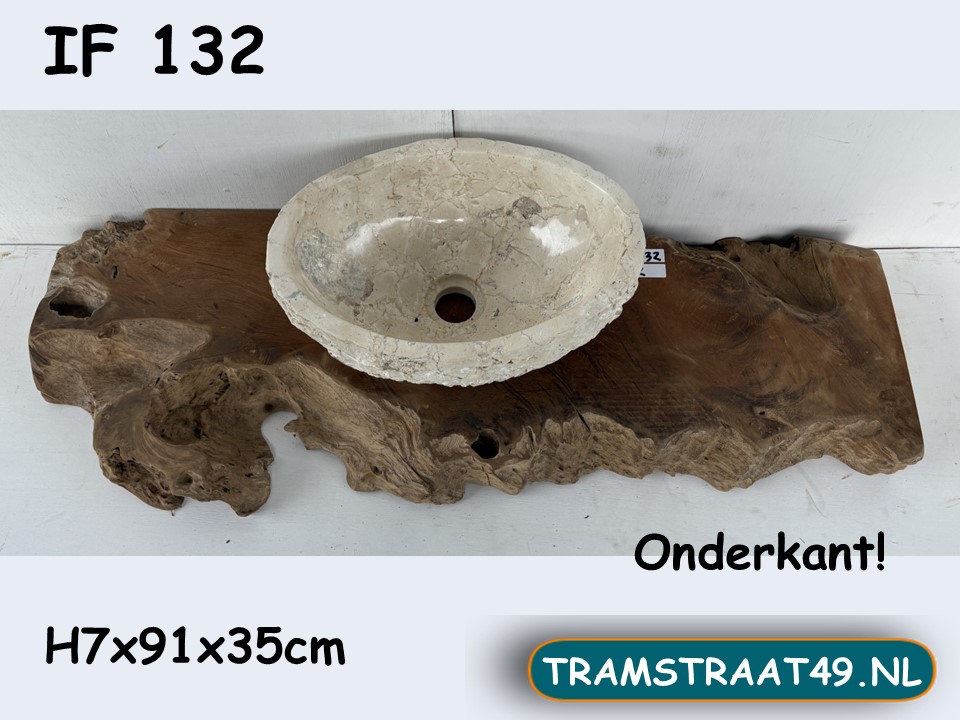 Opzet wastafel plank van teak wortel IF132 (91x35cm)