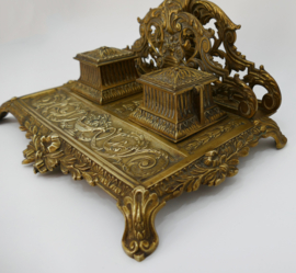 Antiek Frans messing Inktstel met brievenhouder en pennenbakje - Seconde Empire-stijl - Frankrijk, 1870-1890