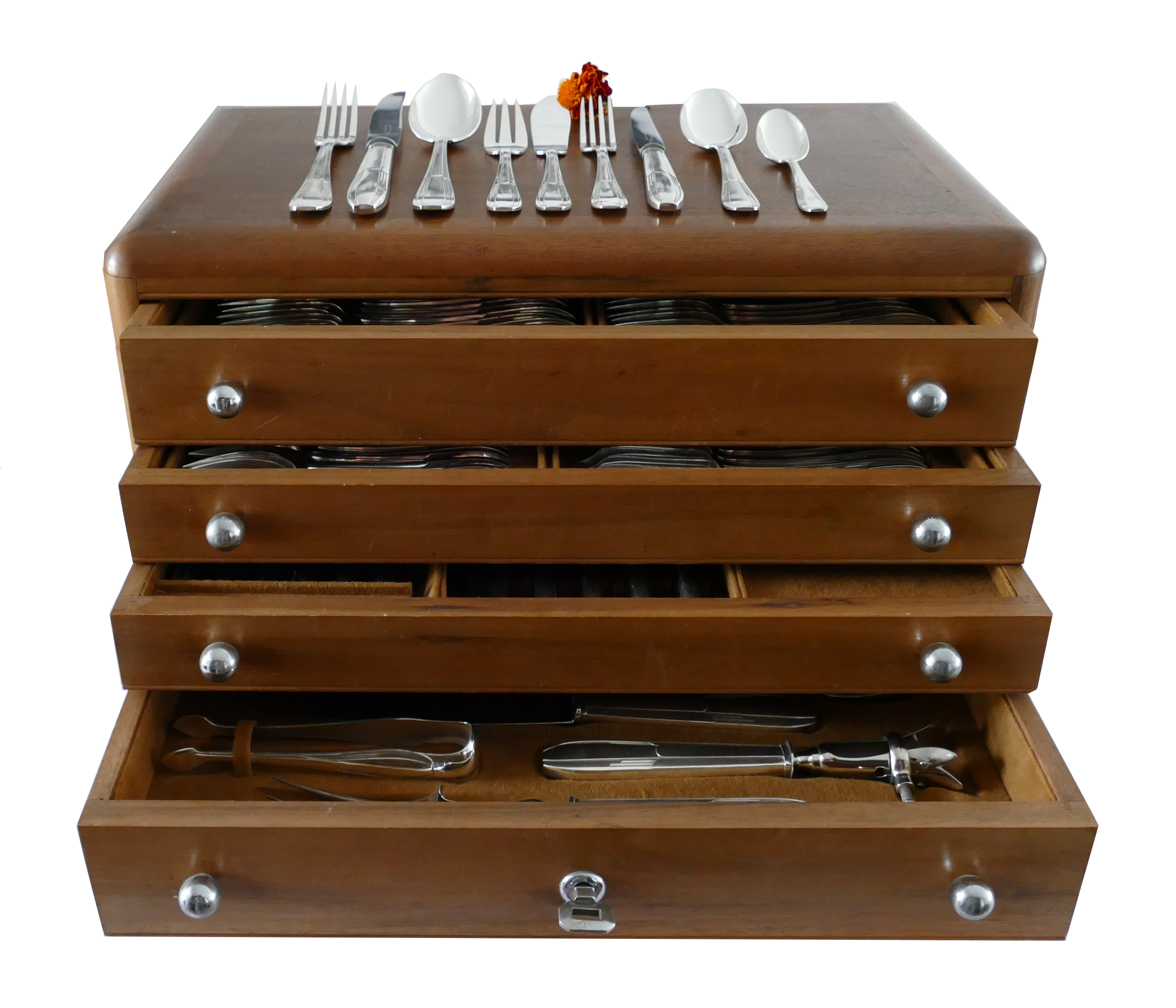 Verzilverde Art Deco bestekcassette - 117-delig/12-persoons - Orfevrerie Perrin, Frankrijk - c. 1925