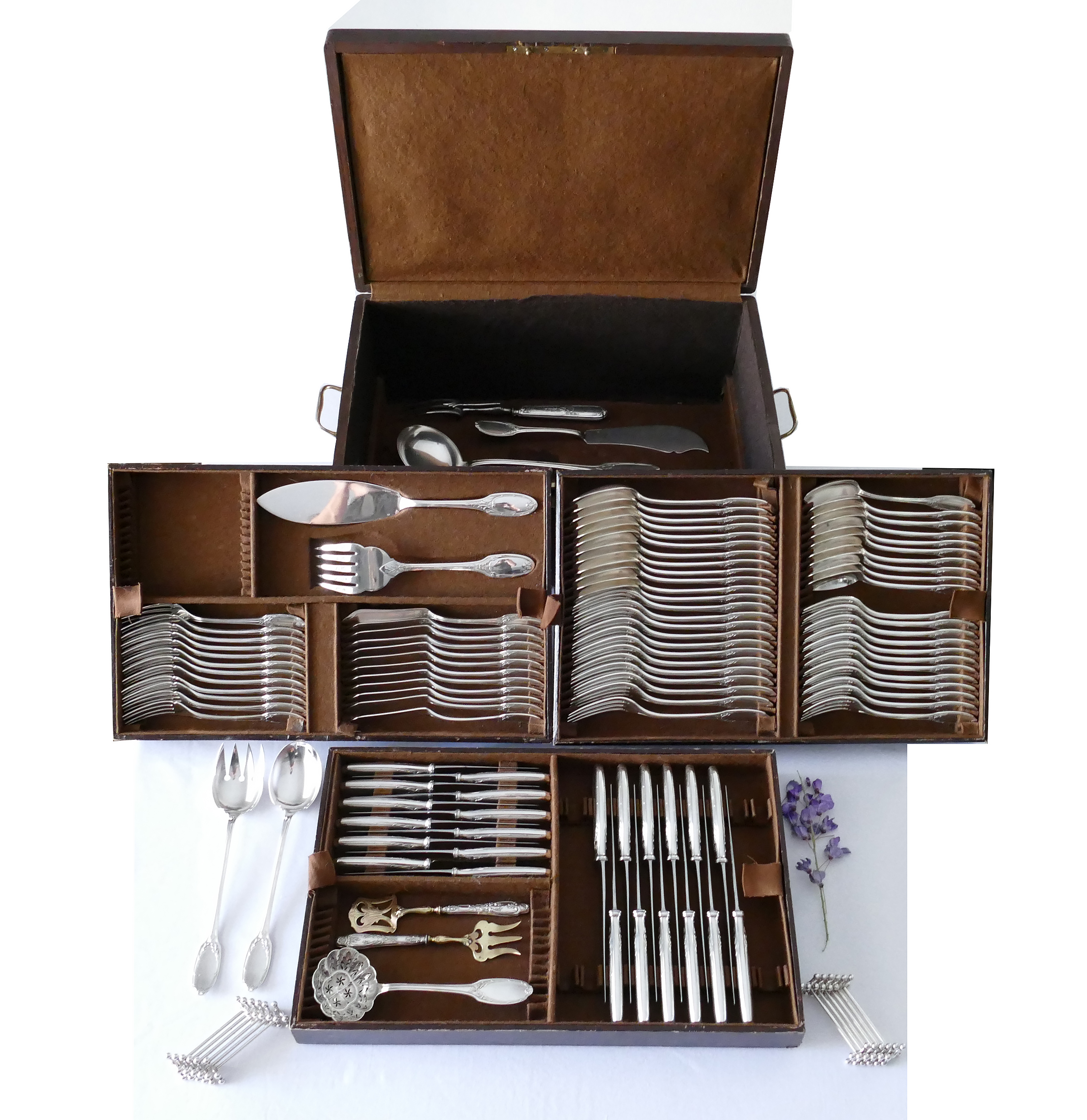 Christofle/Manufacture de L'Alfenide - Verzilverde bestekcassette - "Louis XVI Laurier" -   116-delig/12-persoons - Frankrijk, c. 1920