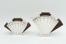 Art Deco Theepot en Suikerpot - Waaier patroon - Verzilverd & Indisch Palissander - Orfevrerie Boulenger, c. 1925