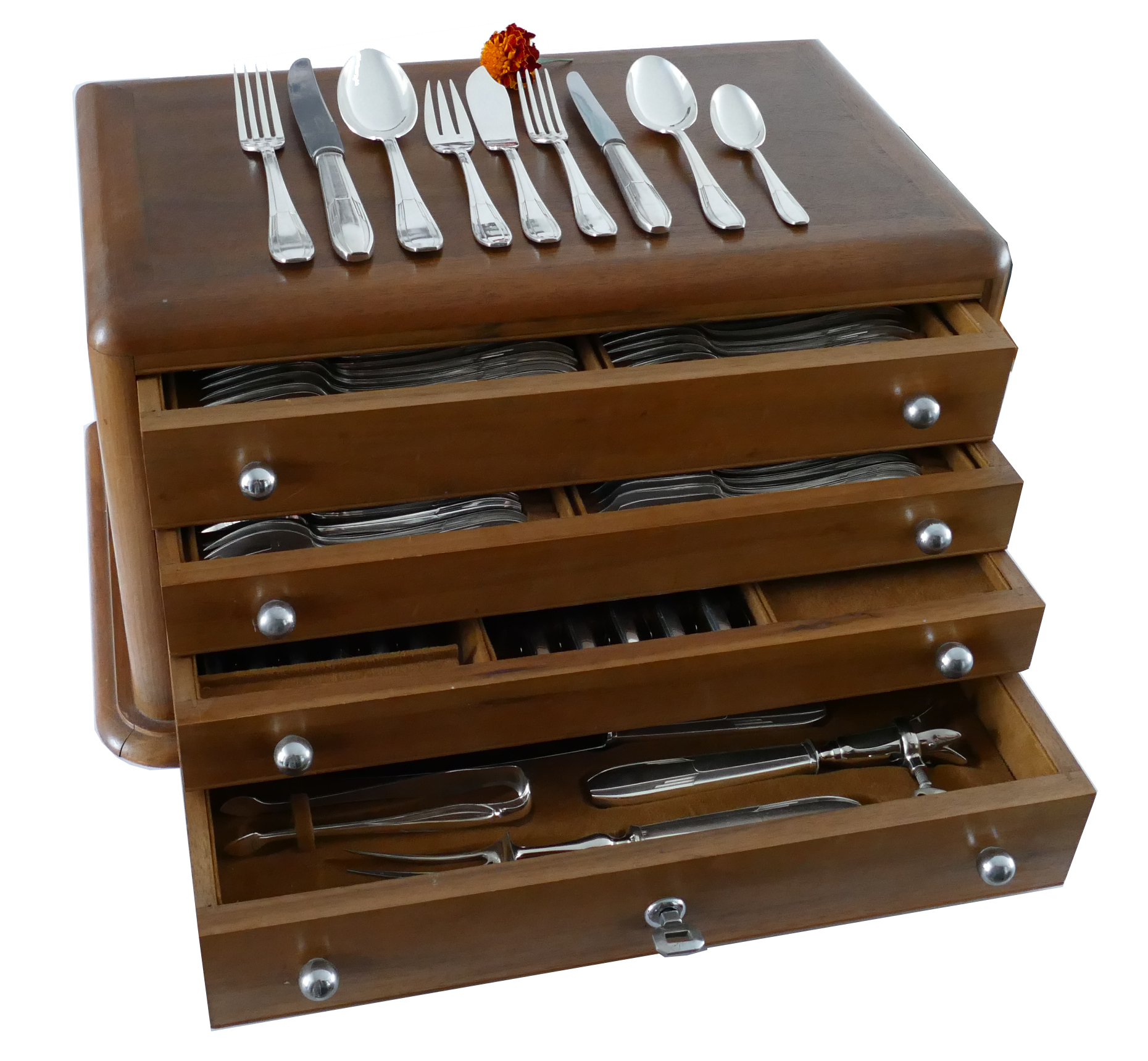 Verzilverde Art Deco bestekcassette - 117-delig/12-persoons - Orfevrerie Perrin, Frankrijk - c. 1925