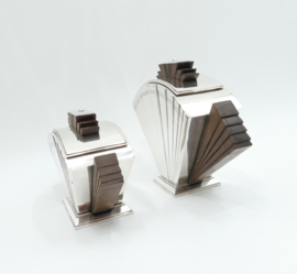 Art Deco Theepot en Suikerpot - Waaier patroon - Verzilverd & Indisch Palissander - Orfevrerie Boulenger, c. 1925