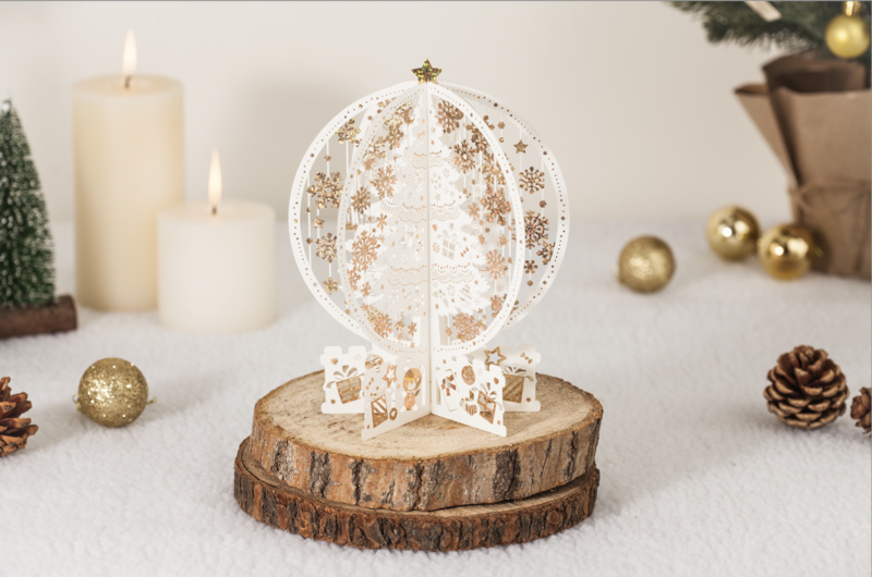 3D Christmas card with white Christmas trees and golden Christmas stars, including message panel