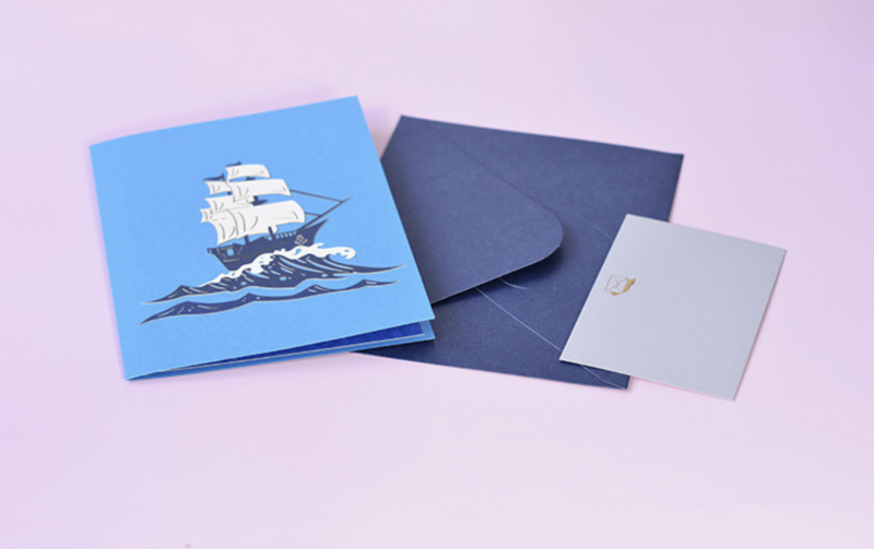 3D Pop up XL wenskaart Delfstblauw Zeilboot met berichtpaneel