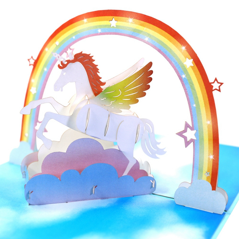 3D Pop-up kaartWenskaart witte Eenhoorn met regenboog