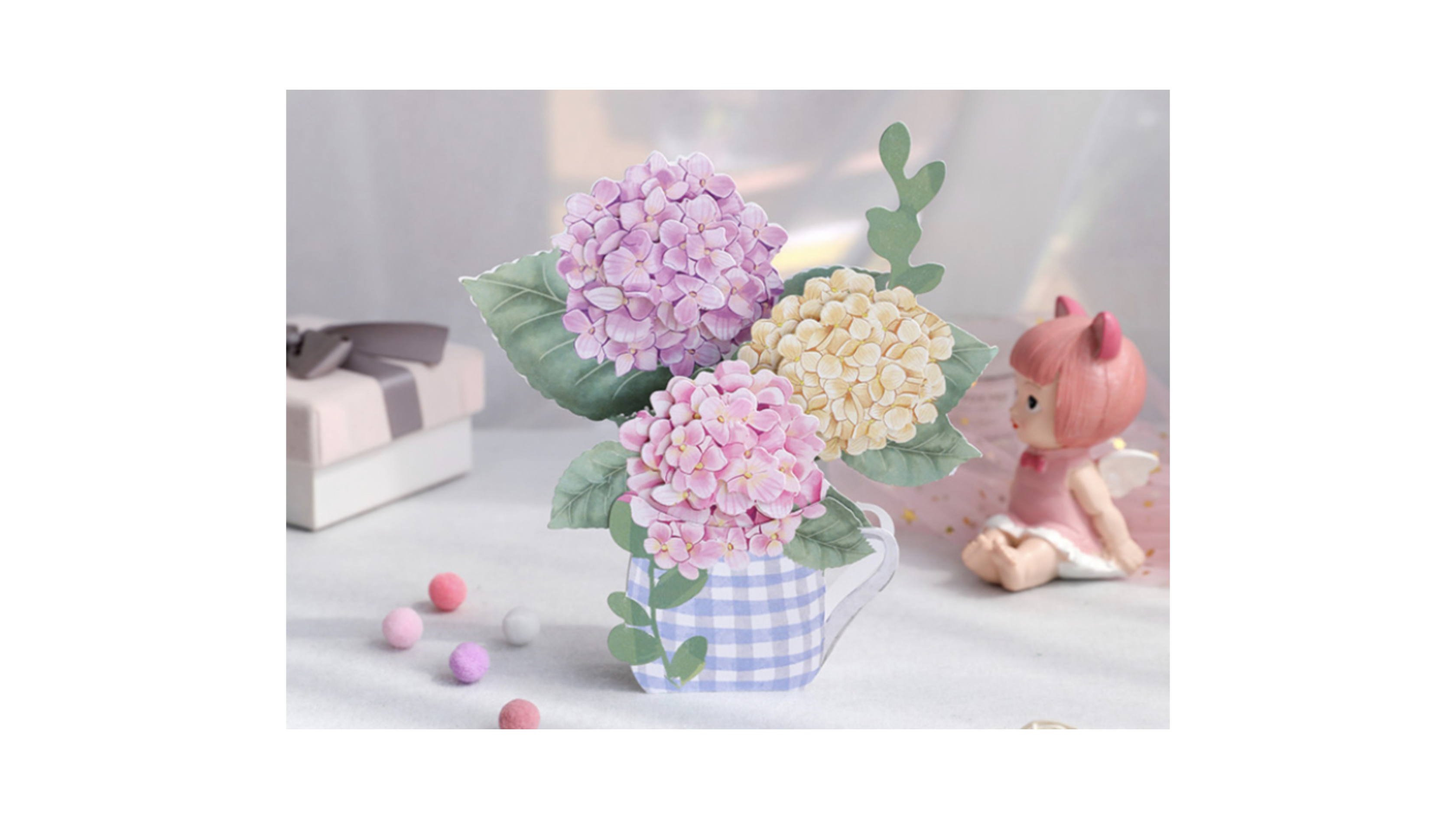 3D Pop-up bloemenkaart kleurige Hortensia's in vaas