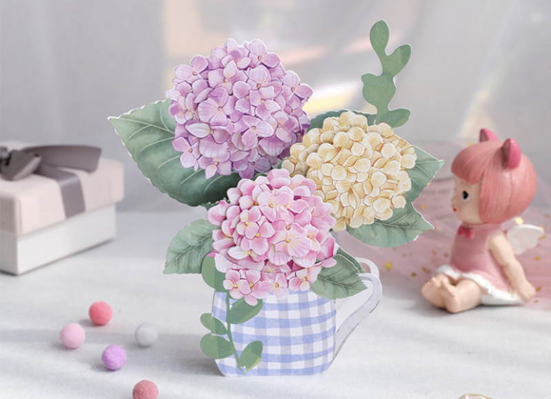 3D Pop-up bloemenkaart kleurige Hortensia's in vaas