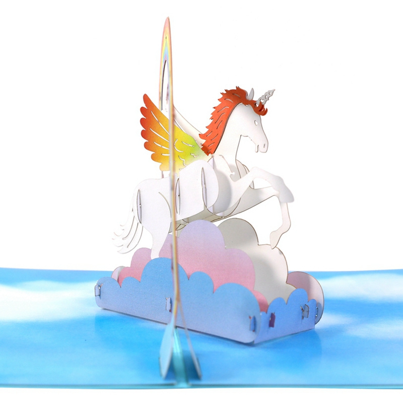 3D Pop-up kaartWenskaart witte Eenhoorn met regenboog