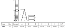 AL Ladder, Telescopische ladder 14 treeds 2.2m+2.2m=4.4m- Inklapbaar - Werkhoogte 4.4m