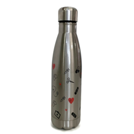 Dubbelwandige fles - zorg symbolen - Zilver