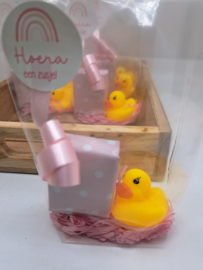 Hoera een zusje  Ducky  (geel) Op een roze bedje