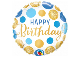 Folieballon Happy Birthday Blauw Gouden Stippen 18"