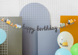 Banner Happy birthday Bouwvoertuigen, 2 m, mix