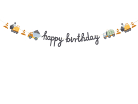 Banner Happy birthday Bouwvoertuigen, 2 m, mix