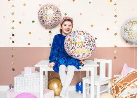 Folieballon Happy Birthday, bloemenprint, 45cm, lichtroze