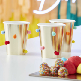 Rainbow Pom Pom Gold Paper Party Cups