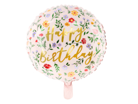 Folieballon Happy Birthday, bloemenprint, 45cm, lichtroze
