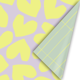 dubbelzijdig inpakpapier XL solo hearts lila/geel