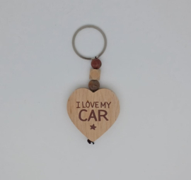 Sleutelhanger houten hart- I LOVE MY CAR