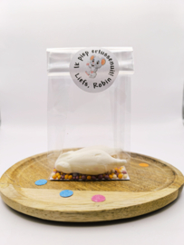 Twee witte snoepmuisjes | Gekleurde muisjes | sluitsticker | Ik piep ertussenuit! | Met naam